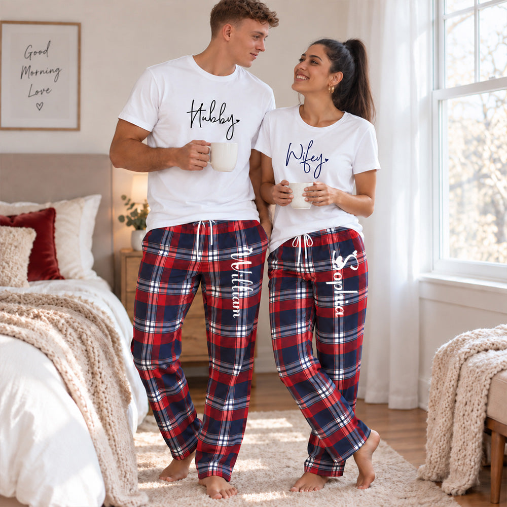 Personalized Wifey & Hubby Red Plaid Matching Pajamas