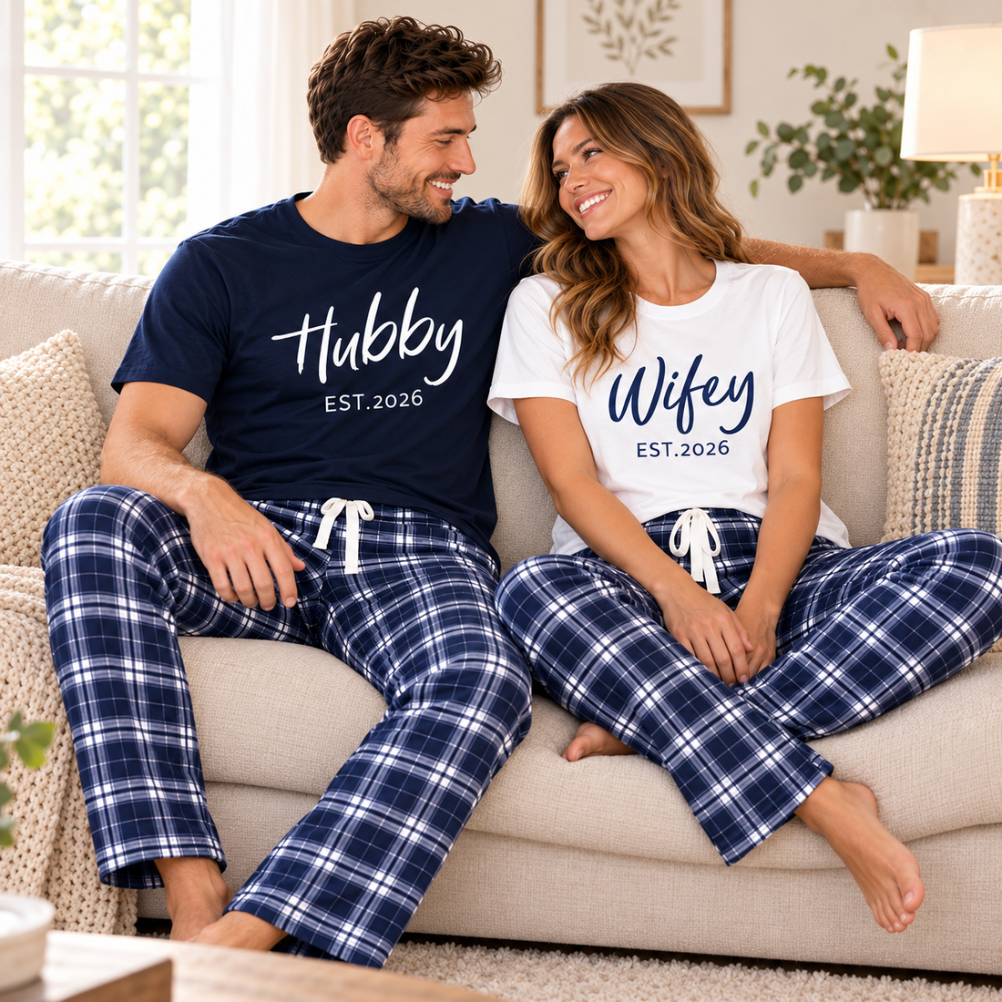 Personalized Wifey & Hubby Navy Plaid Matching Pajamas