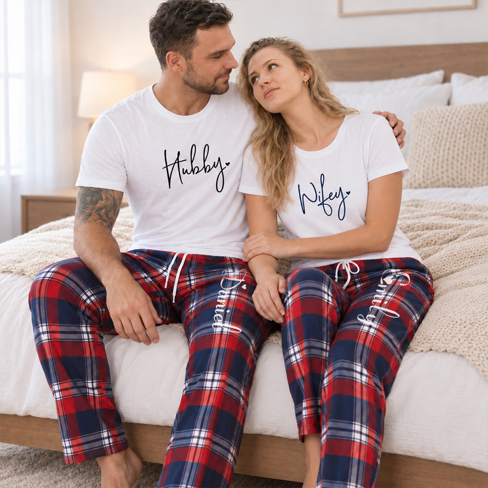 Personalized Wifey & Hubby Red Plaid Matching Pajamas
