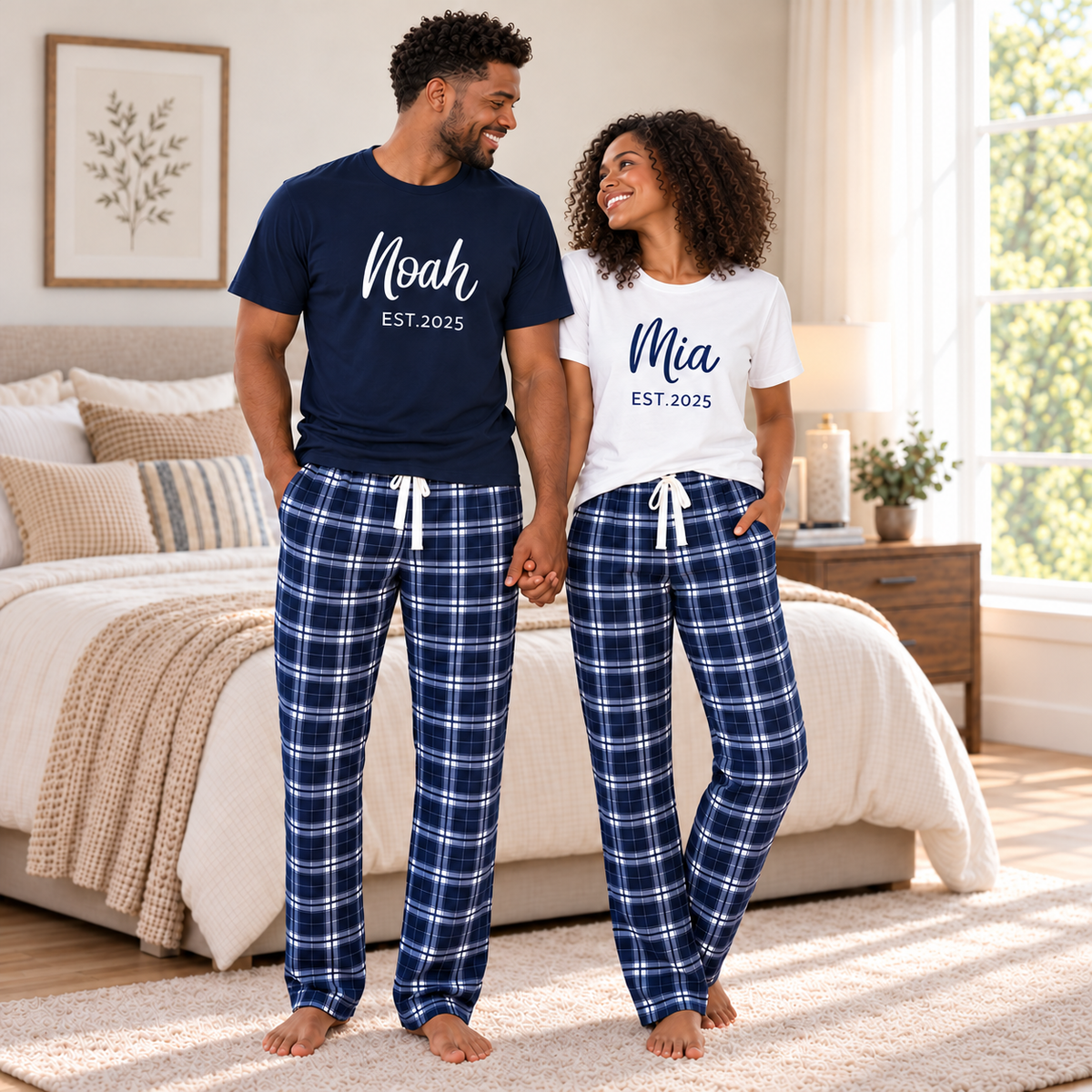 Personalized Wifey & Hubby Navy Plaid Matching Pajamas