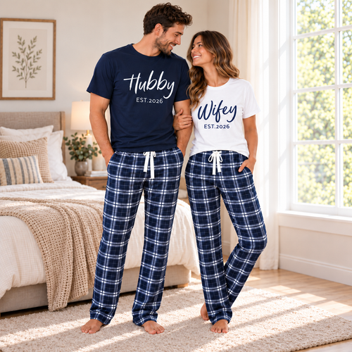 Personalized Wifey & Hubby Navy Plaid Matching Pajamas