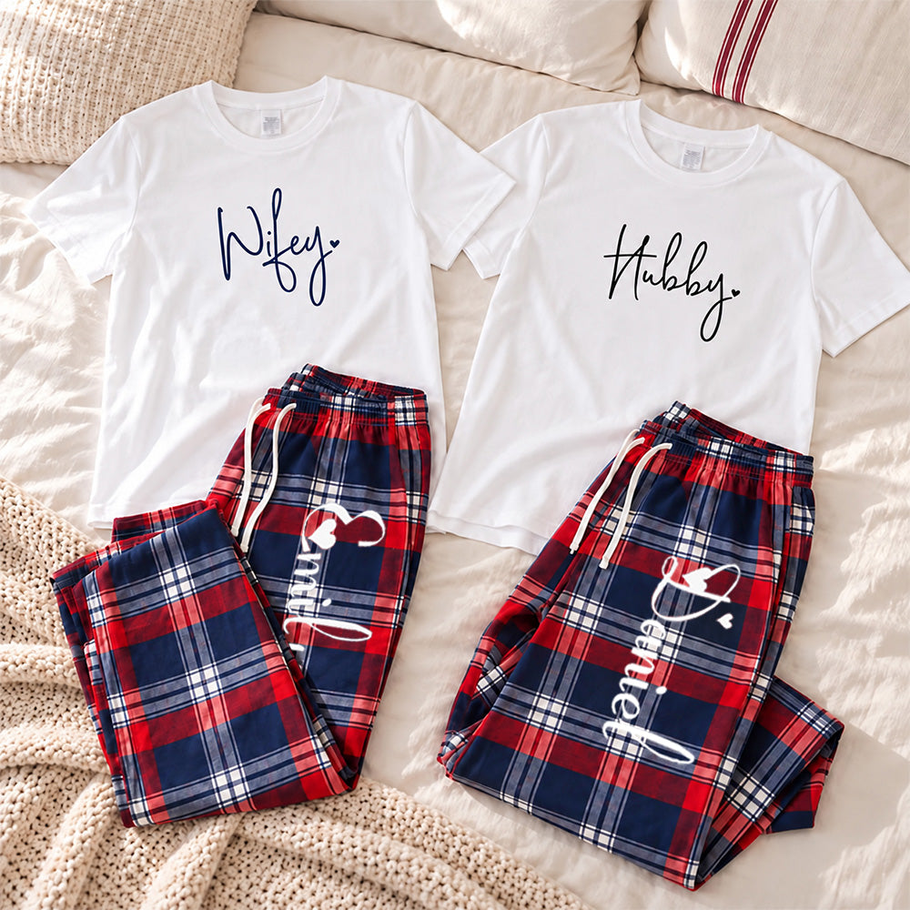 Personalized Wifey & Hubby Red Plaid Matching Pajamas