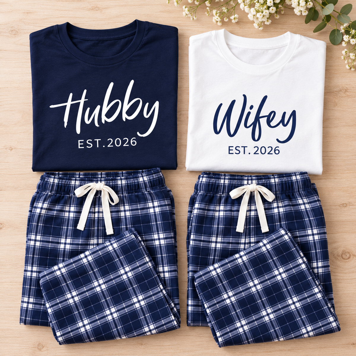 Personalized Wifey & Hubby Navy Plaid Matching Pajamas