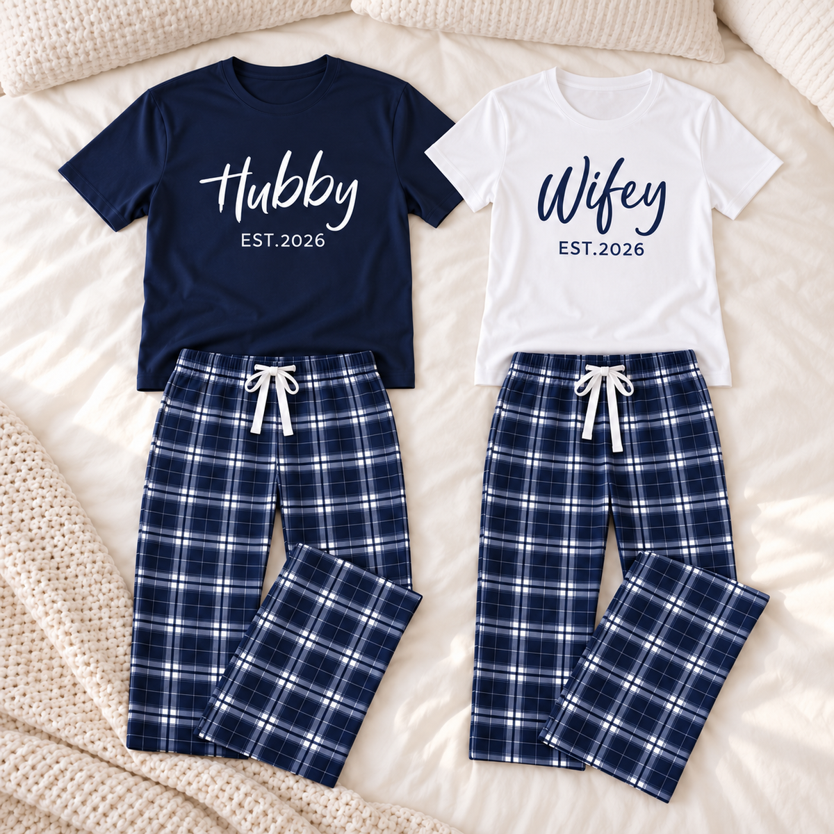 Personalized Wifey & Hubby Navy Plaid Matching Pajamas