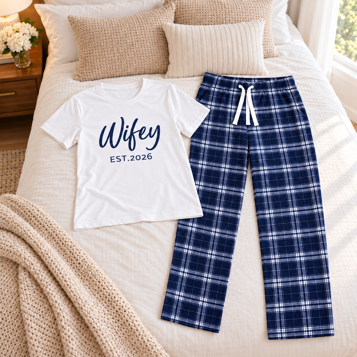 Personalized Wifey & Hubby Navy Plaid Matching Pajamas