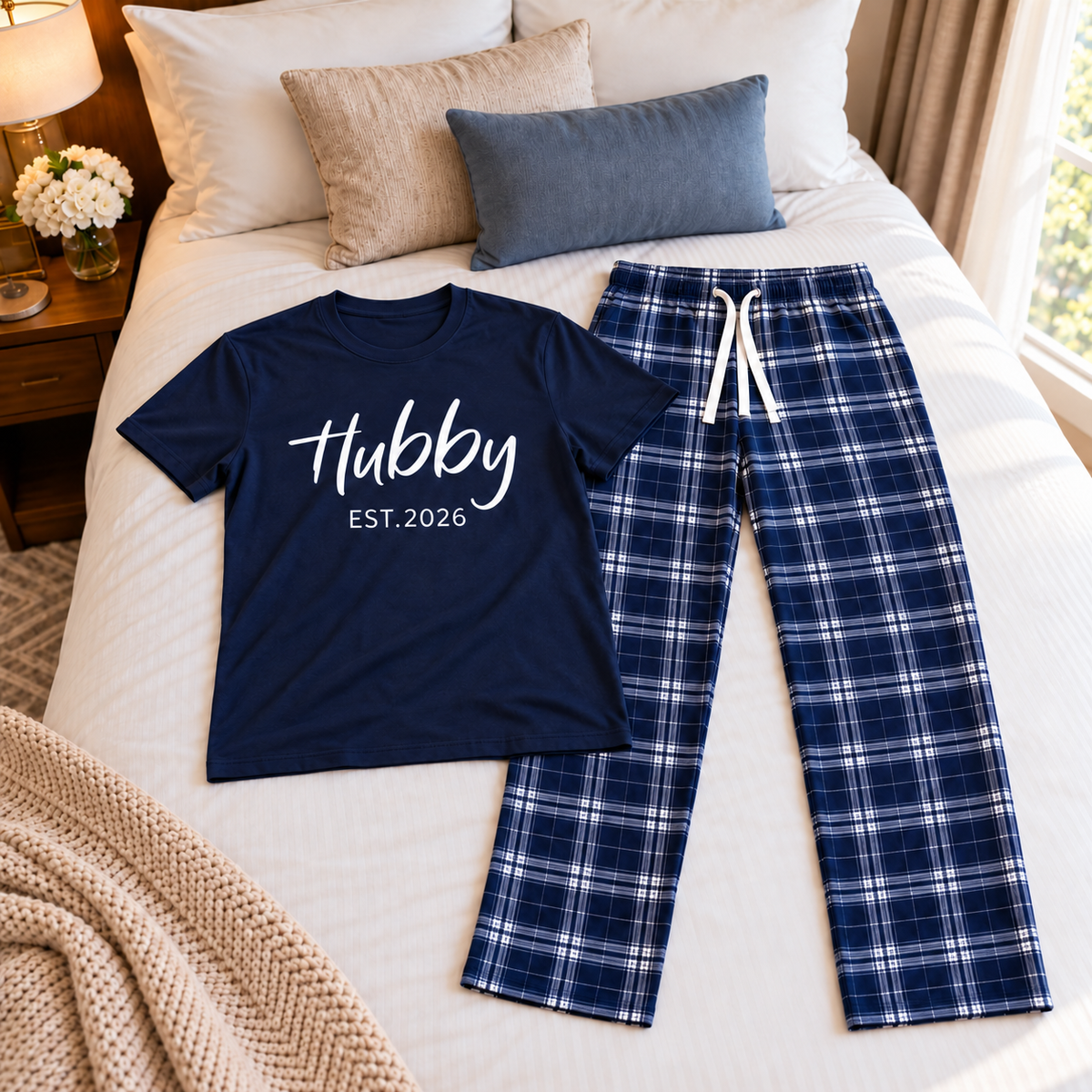 Personalized Wifey & Hubby Navy Plaid Matching Pajamas